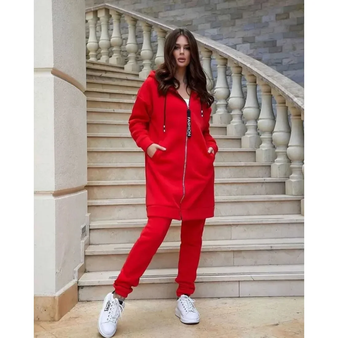 Felpa calda a maniche lunghe con cerniera di nuova moda da donna taglie forti e pantaloni lunghi slim fit casual tinta unita set da due pezzi