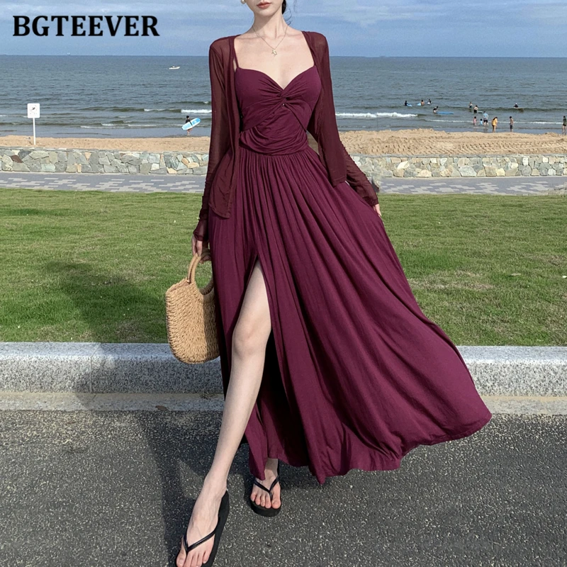 BGTEEVER Summer Stylish Ladies 2 Pieces Dress Set Long Sleeve  Cardigans Tops & Sleeveless Mid-Length A-line Dress Women Outfits