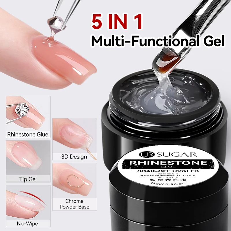 UR SUGAR 15ml No-Wipe Strass-Gel für Nagelkunst 5-in-1 Starker Halt Nagelspitzen-Dekorationskleber Chrom-Puder 3D-Modellier- und Formgel