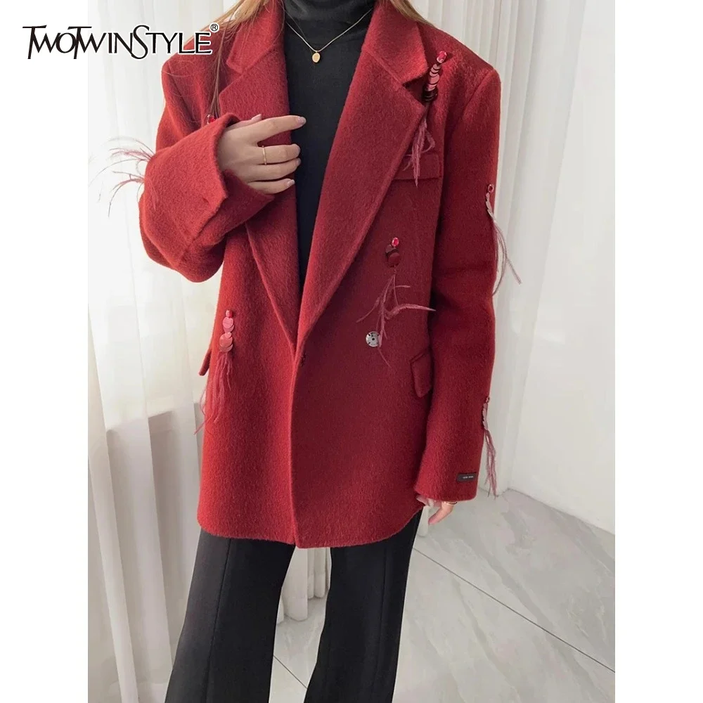 

TWOTWINSTYLE Solid Spliced Lace Up Loose Jackets for Women Lapel Long Sleeve Temperament Loose Coats Female Fashion New