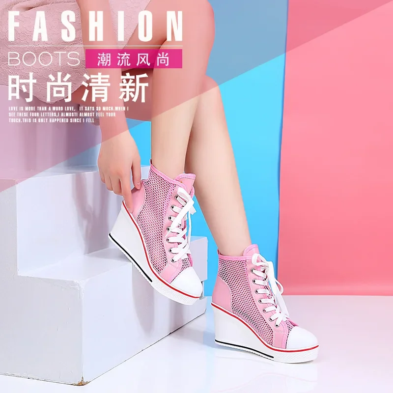 2024  Wedge Heel 8cm Height Increasing Net Shoes Thick Bottom Sandals Women\'s Casual Lace-up Shoes High-top Hollow Women\'s Shoes