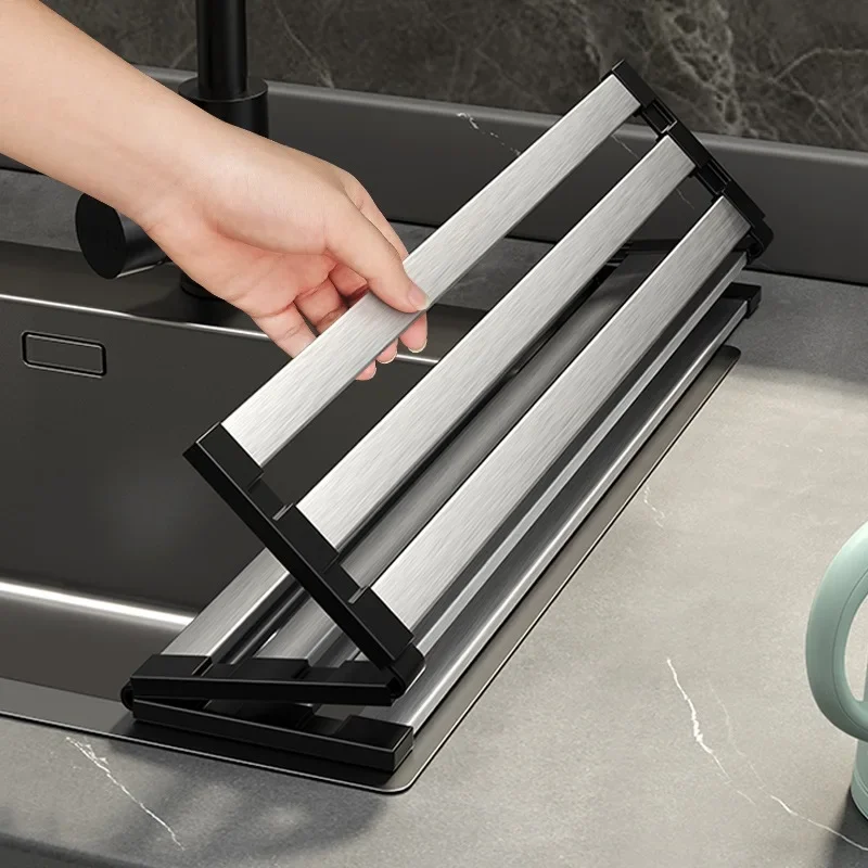 304 Stainless Steel Kitchen Sink Drain Rack Sink Bowl and Dish Storage Rack Foldable and Retractable Drain Basket Placemat