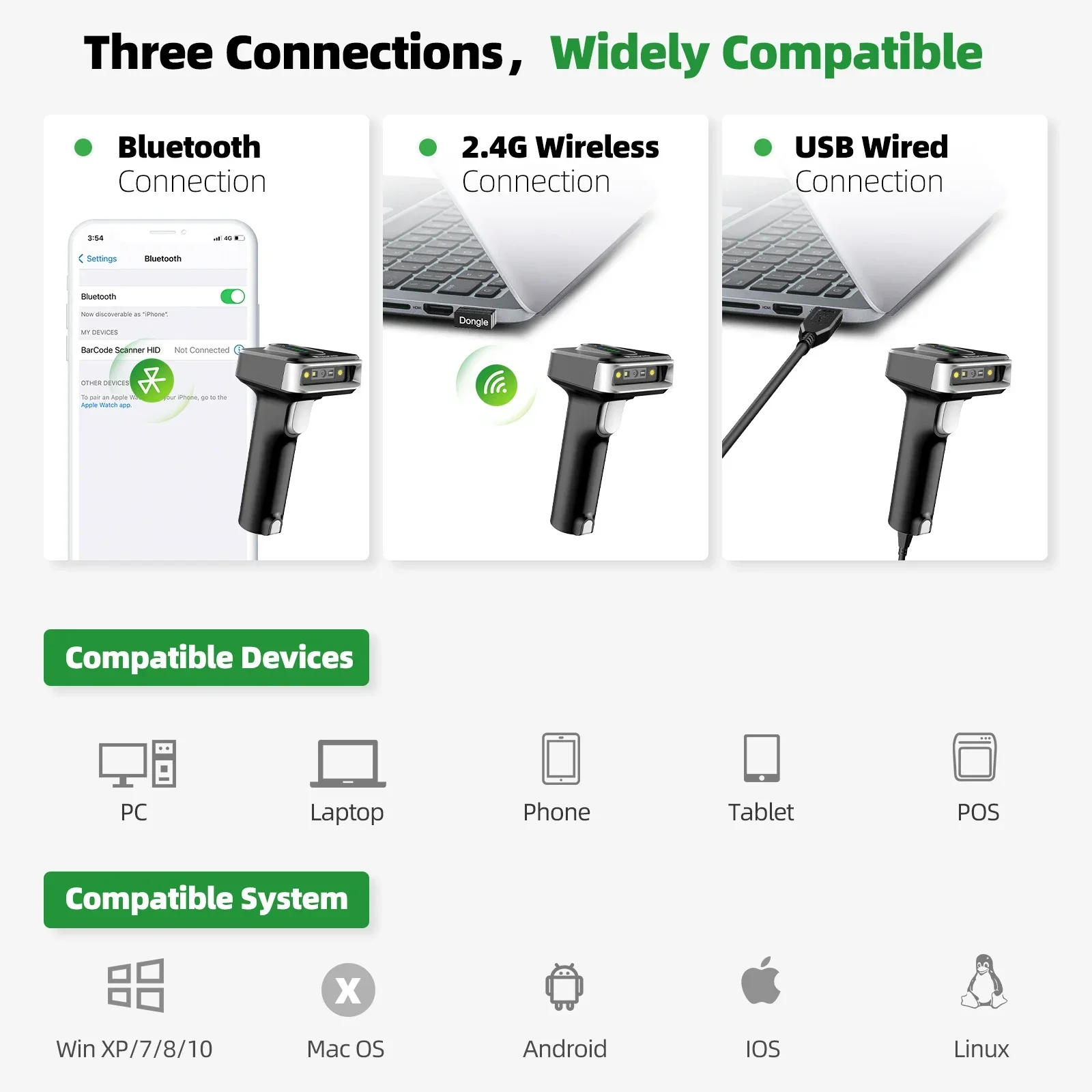 

Eyoyo 1D/2D Barcode Scanner Handheld Auto-sensing Screen Scanning with Battery & 4-mil Precision Bluetooth USB Wired