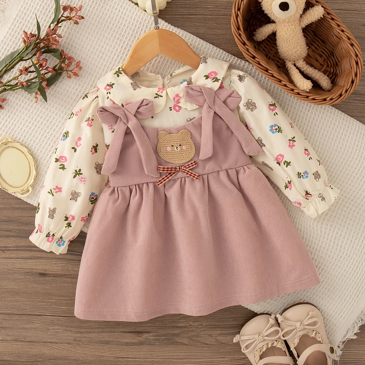 Girl Amusement Park Play Costume Bow Floral Print Doll Collar Long Sleeved Dress Cute Toddler Girl Autumn Dress