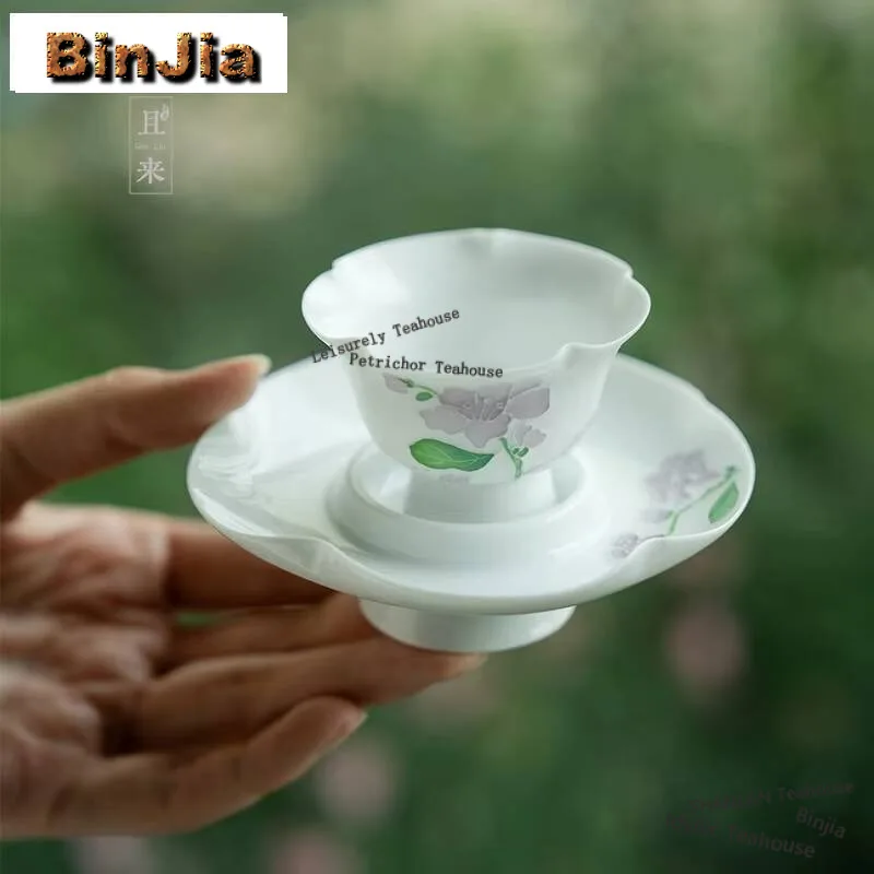30ml White Porcelain Handmade Master Cup Hand Drawn Bell Orchid Teacup with Coaster Vintage Teacup Smelling Cup Cha Crafts Gift