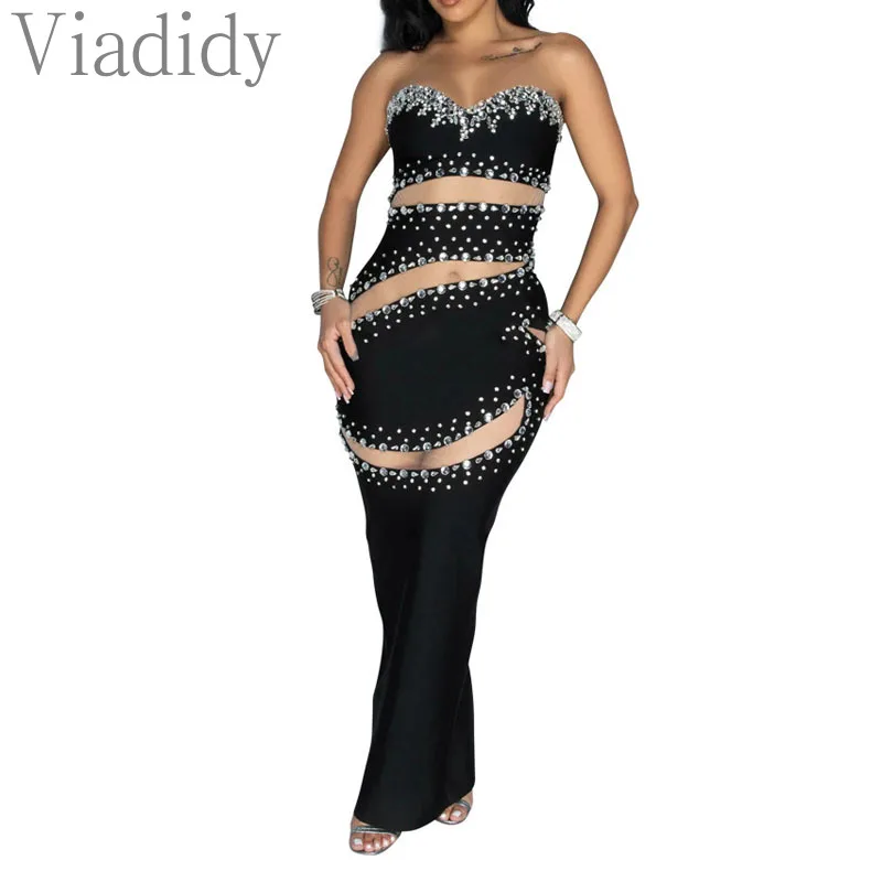 ผู้หญิงเซ็กซี่สีทึบ Sheer ตาข่าย Spliced Rhinestone ตกแต่ง Bandeau Maxi Party Dress