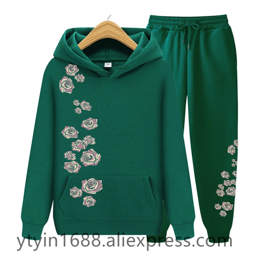 2024 Ladies Hoodies Suit Sportswear Sweatshirt+ Pants Fleece Printed Rose Designer Trend Pullovers Sets Men And Womens Tracksuit