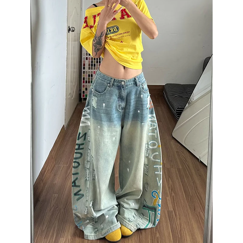Women Wasteland Style Letter Graffiti Ripped Wide Leg Jeans Lady Loose Fit Draped Wide‑leg Trendy Denim Trousers