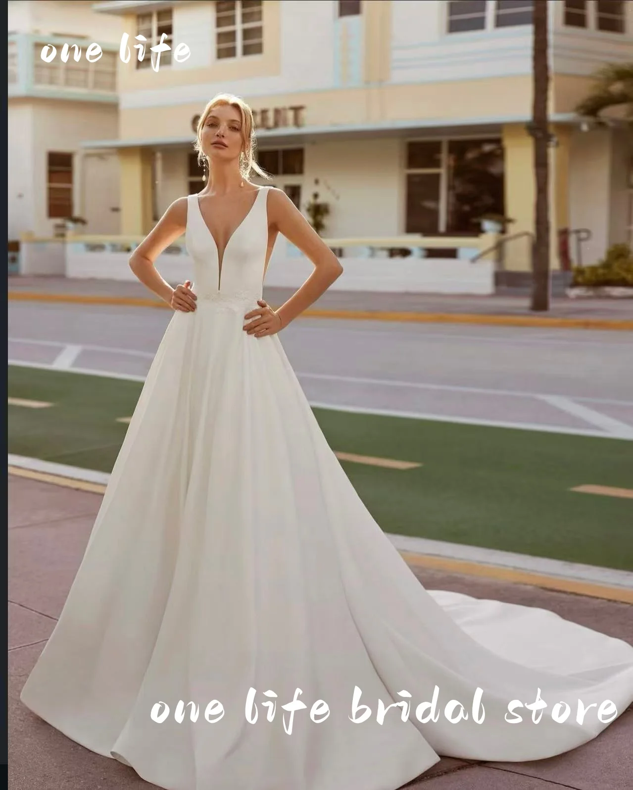 OL Luxury Civil Mikado Satin Wedding Dress V Neck 2025 Vestidos De Novia Sexy Beach Bridal Dresses Backless Customized