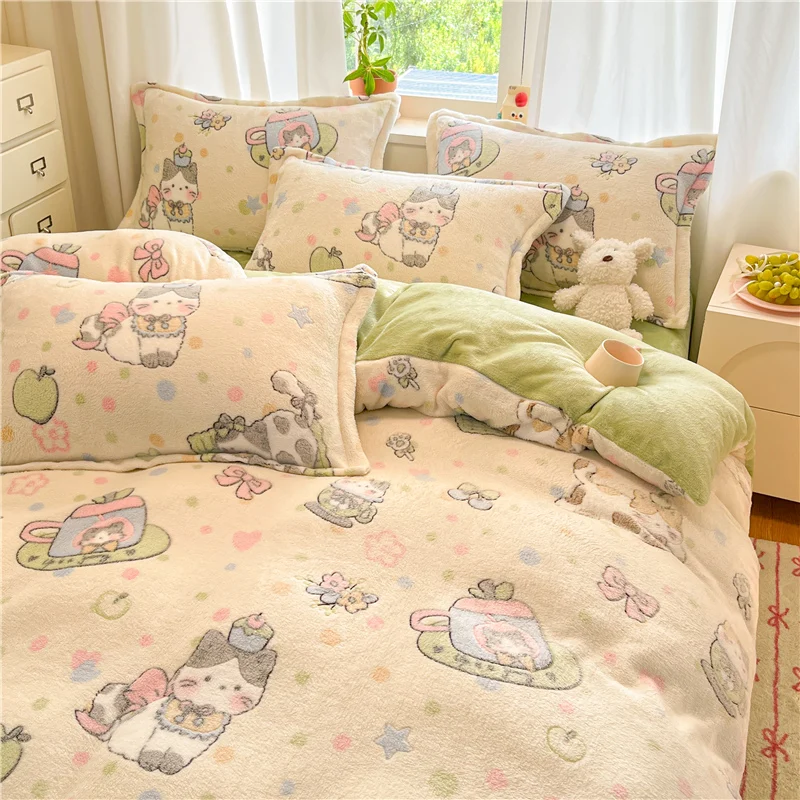 1pc Coral Fleece Duvet Cover Cat Printed Thick Warm housse de couette for Winter Cartoon Style Single/Queen/King dekbedovertrek