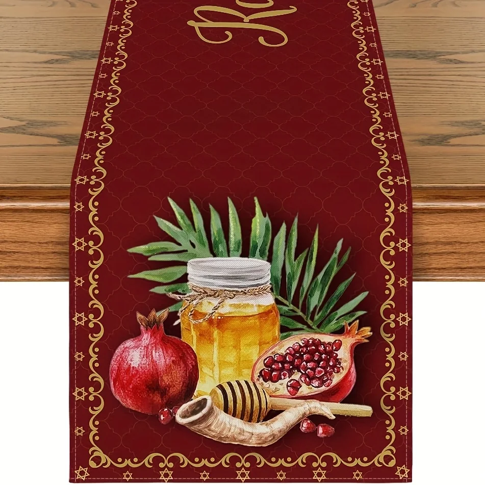 Rosh Hashanah Linen Table Runner Home Decor Shana Tova Pomegranate Honey Horns Kitchen Dining Table Runners Holiday Party Decor