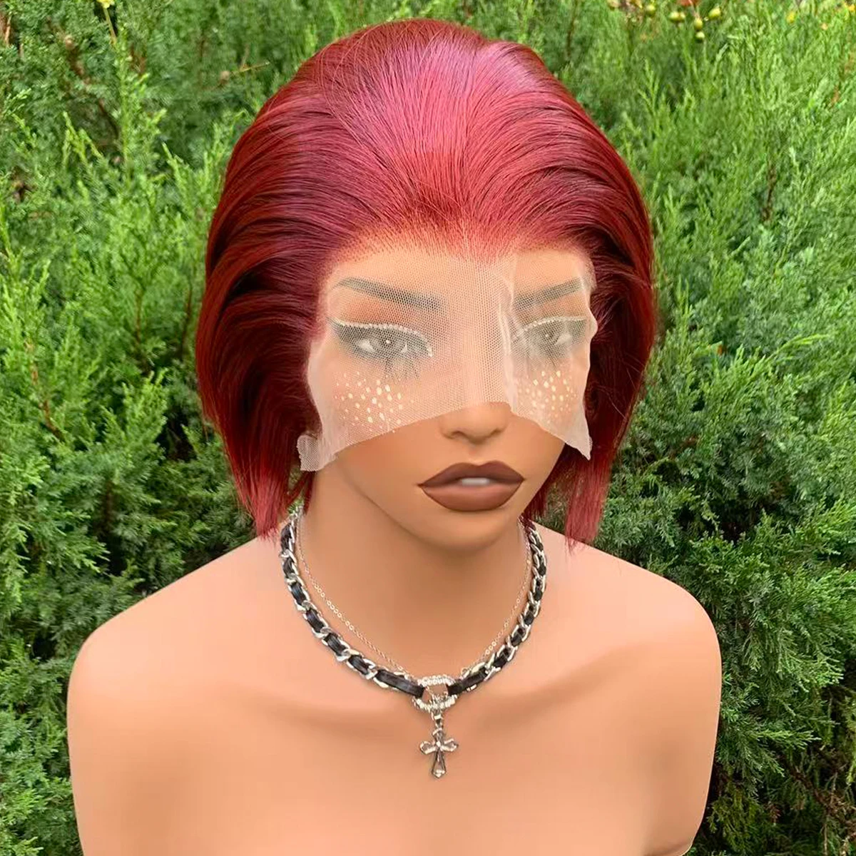Widow's Peak Red Synthetic Wigs for Women 13x4 Lace Front Wigs Short Bob Cut Cosplay Wigs for Men 150% Density 8inch Natural