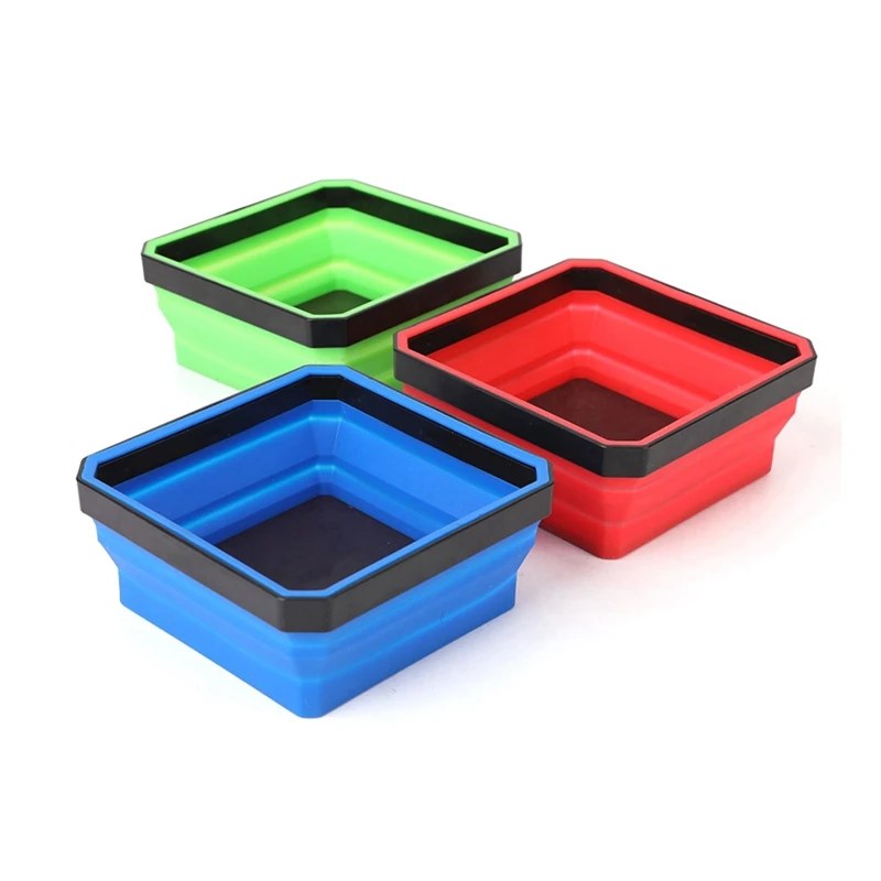 3Pcs Square Silicone Foldable Magnetic Parts Tray Parts Box Silicone Tool Tray Blue&Green&Red