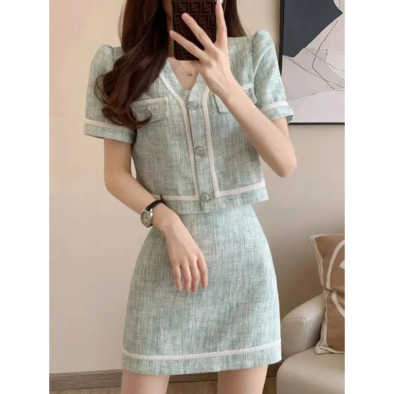 

French Vintage Small Fragrance Two Piece Set Women Short Jacket Coat + Mini Skirt Sets Korean Fashion Summer 2 Piece Outfit