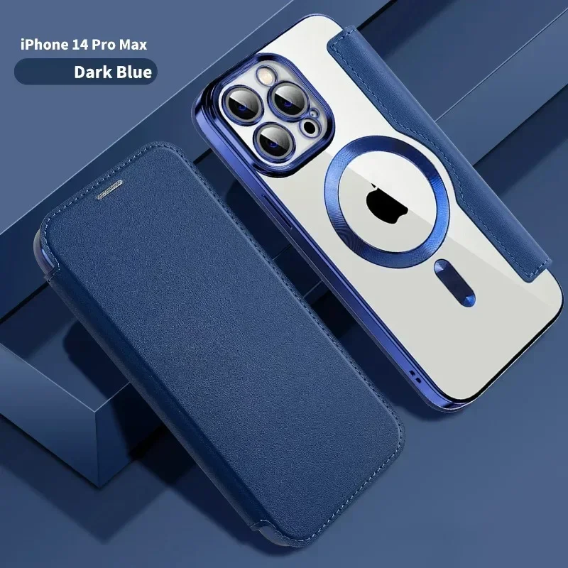 

Гальванический кожаный флип-чехол для iPhone 16, 15, 14, 13, 12, 11 Plus Pro Max, защита беспроводной зарядки Magsafe, роскошный чехол