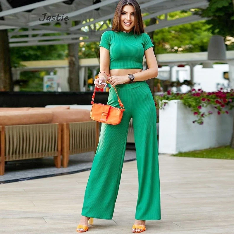 

Tight Crop Top And Wide Leg Pant Sets Short Sleeve Summer T-shirt + Trouser Two Piece Set Casual Ribbed Women Outfits 2024 New