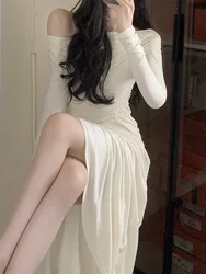 2022 Autumn Knitted Midi Dress Women Long Sleeve Casual Slim Bodycon Dress Korean Pure Color Elegant Party Dress Office Lady