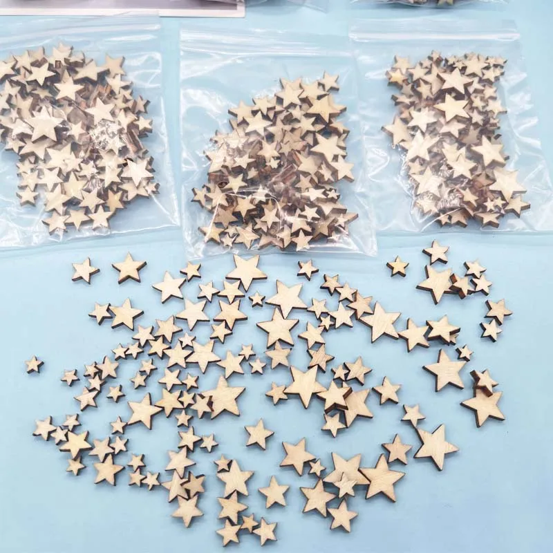 100-300Pcs Wooden Stars Slices Mixed Size Wooden Star Blank Wooden Crafts Pieces Christmas Wedding DIY Scrapbook Party Crafts