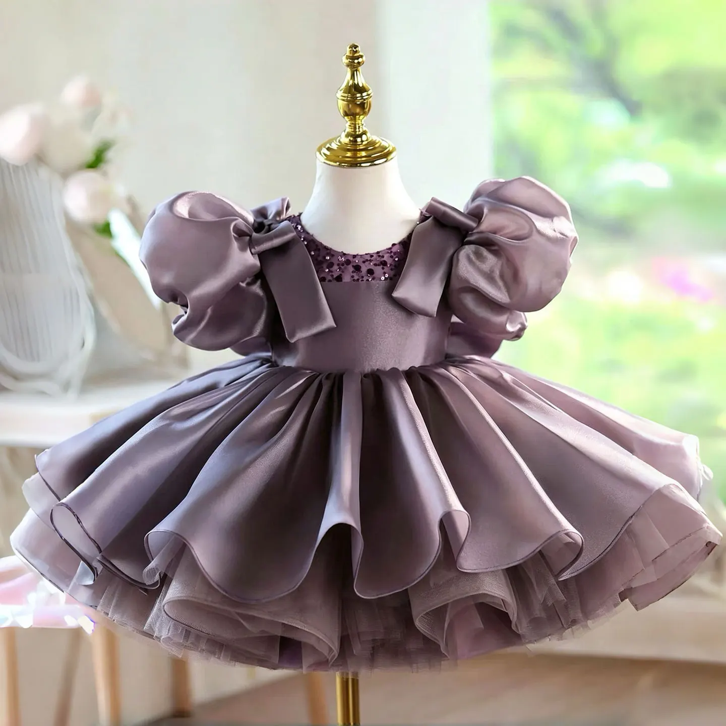 Jill Wish D278 Dusty Lavender Flower Girl Dress with Puff Sleeves, Oversized Back Bow, Princess Tulle Party Gown  Elegant Dusty