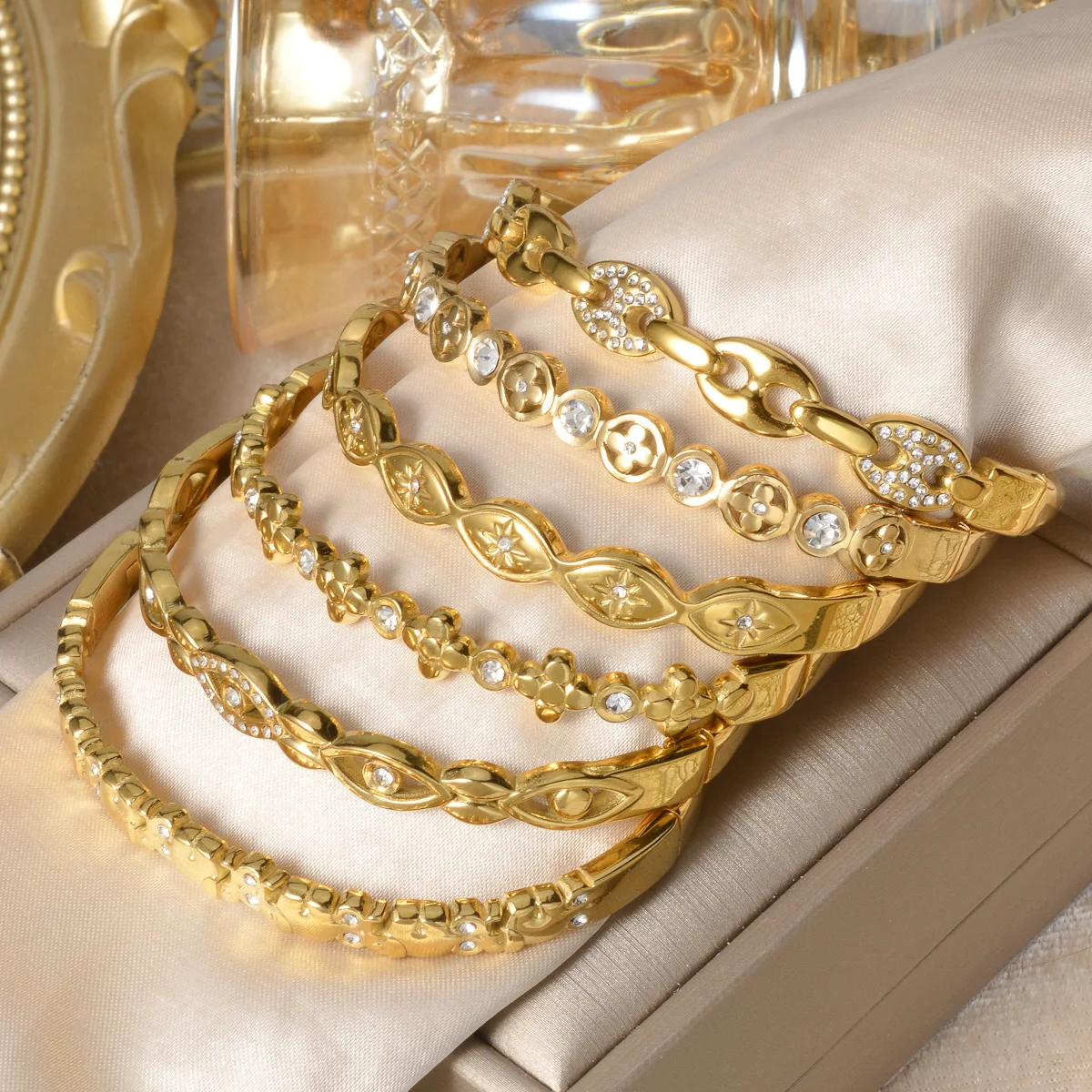 Multi‑Style Gold Plated Bangle Bracelets for Women Sparkling Rhinestone Inlay Hypoallergenic Non‑Fade Bangle Jewelry for Daily