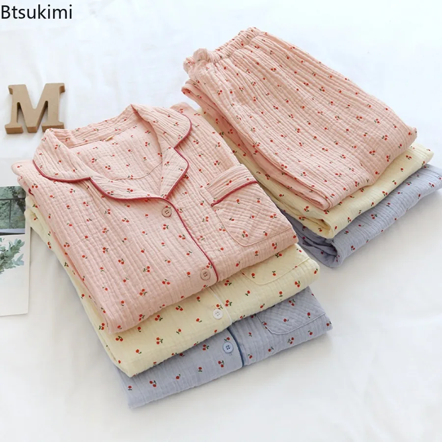 New 2025 Little Cherry Double Crepe Pajamas for Women Small Fresh Gauze Cotton Lapel Long Sleeve Trousers Cotton Homewear Set
