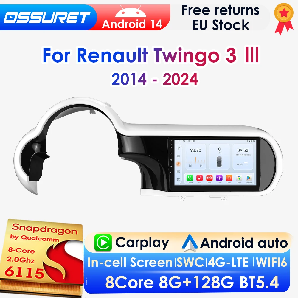 Qualcomm 8-Core CarPlay Android Auto Autoradio für Renault Twingo 3 III 2014–2024 Multimedia GPS Player 360 ° Panoramakamera 4G