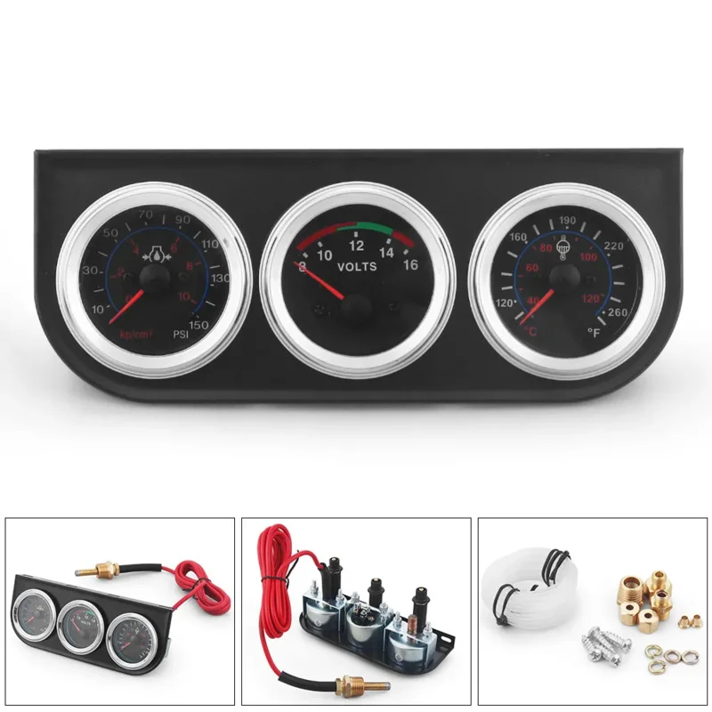 

Yellow Light 2inch Black Panel Water temp Fahrenheit/Celsius+Voltmeter+Oil press gauge PSI＆kg/cm² Mechanical Triple Gauge kit
