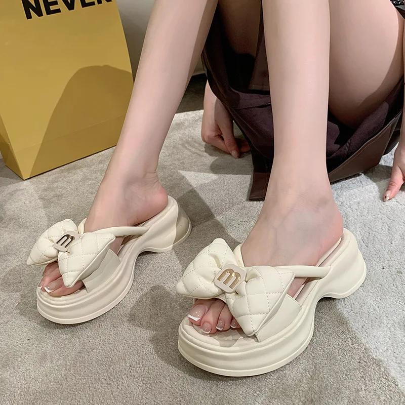 2024 Summer New Korean Edition Casual Beach Slippers Versatile Thick Sole Sandals Women's Shoes Bow Flip Flop Women's Outwear