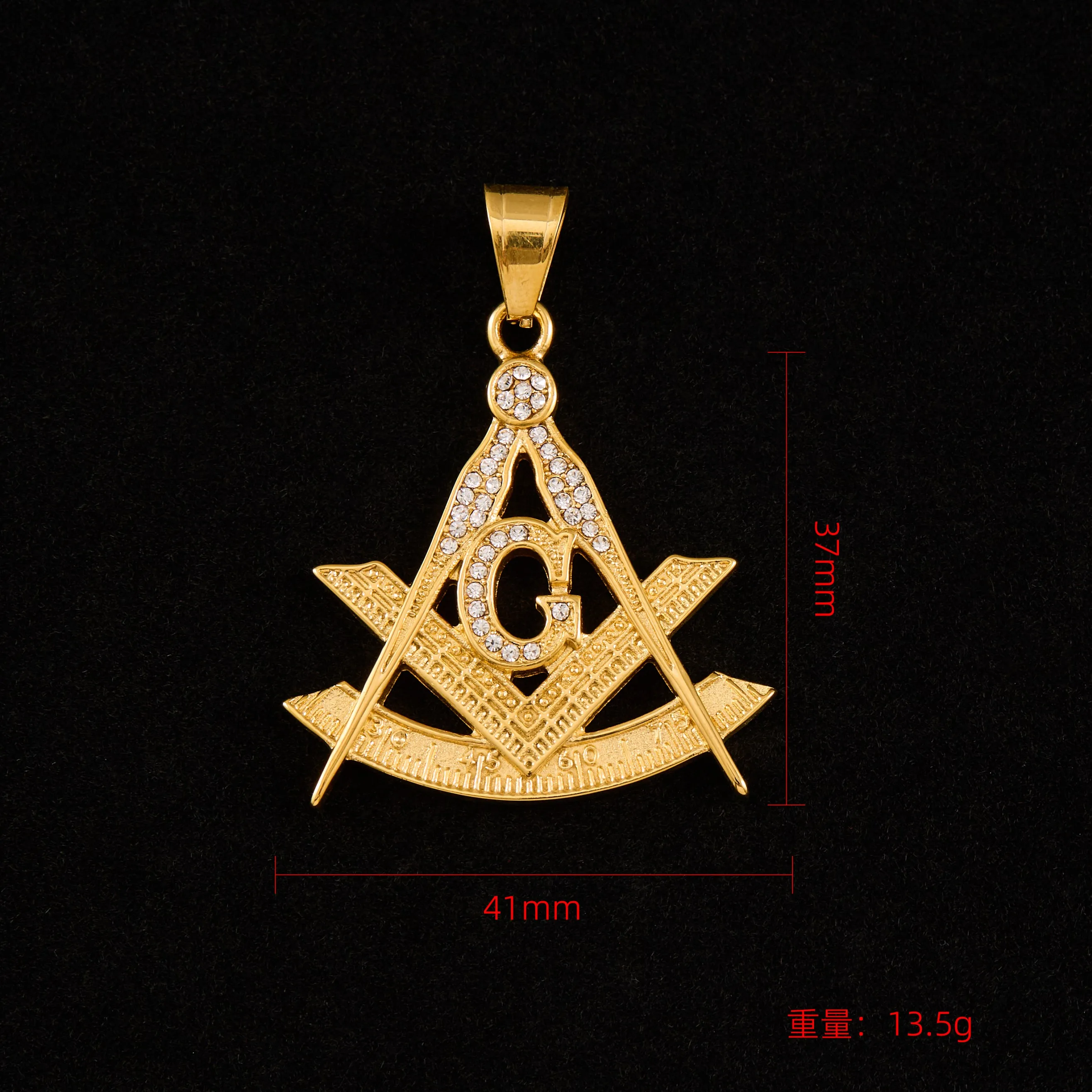 Drop shipping Hip Hop Iced Out Masonic with rhinestone Pendant Necklace Chain Gold Color Stainless Steel Freemason Mason Jewelry