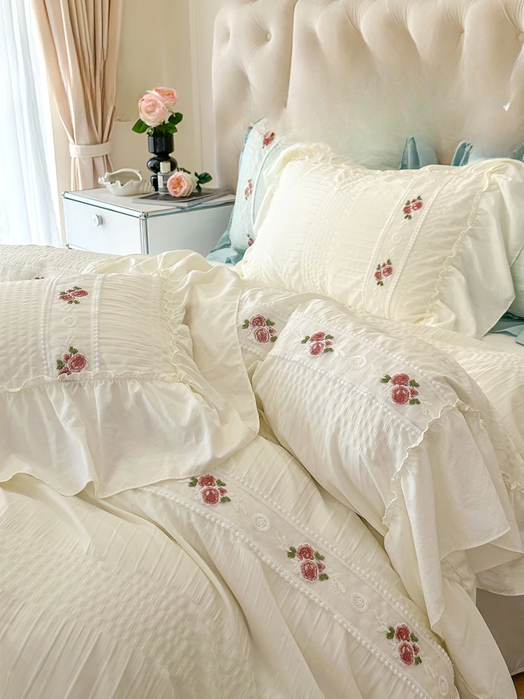 Four-Piece Cotton Summer Seersucker Washed Bedding Girl's Heart Sheet Quilt Cover Plant Flower Embroidery Four Seasons Universal