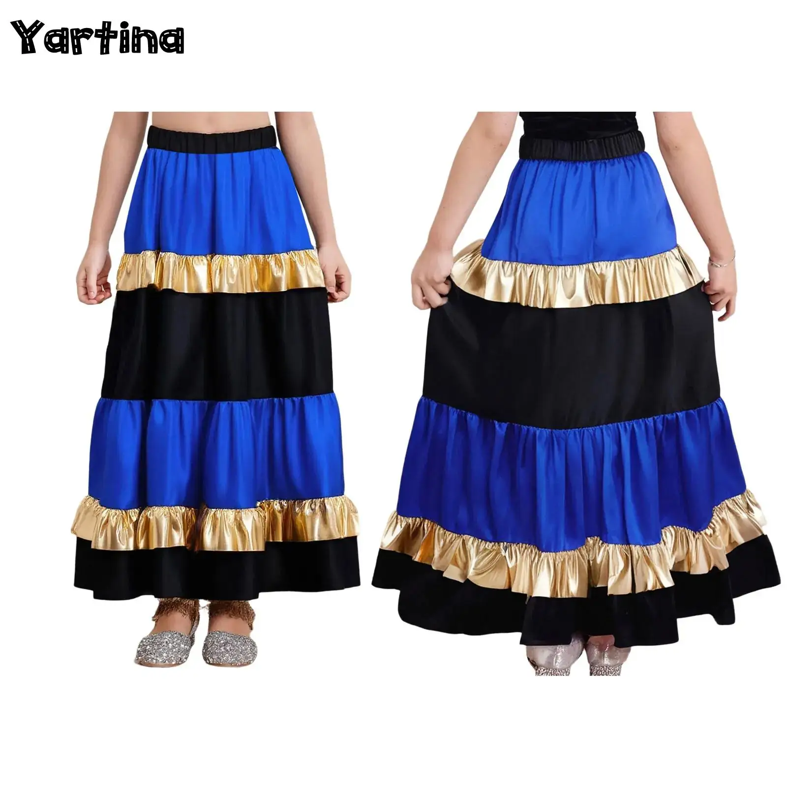 Kids Girls Metallic Shiny Big Swing Skirt Waltz Flamenco Spanish Ballroom Dance Costume Tiered Ruffled Satiny Maxi Long Skirt