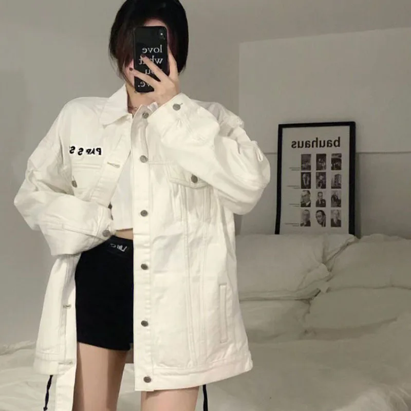 

Vintage White Denim Jacket Women's Outwear New Spring Loose Casual Single Breasted Jeans Jacket Female Street Wear JJ242