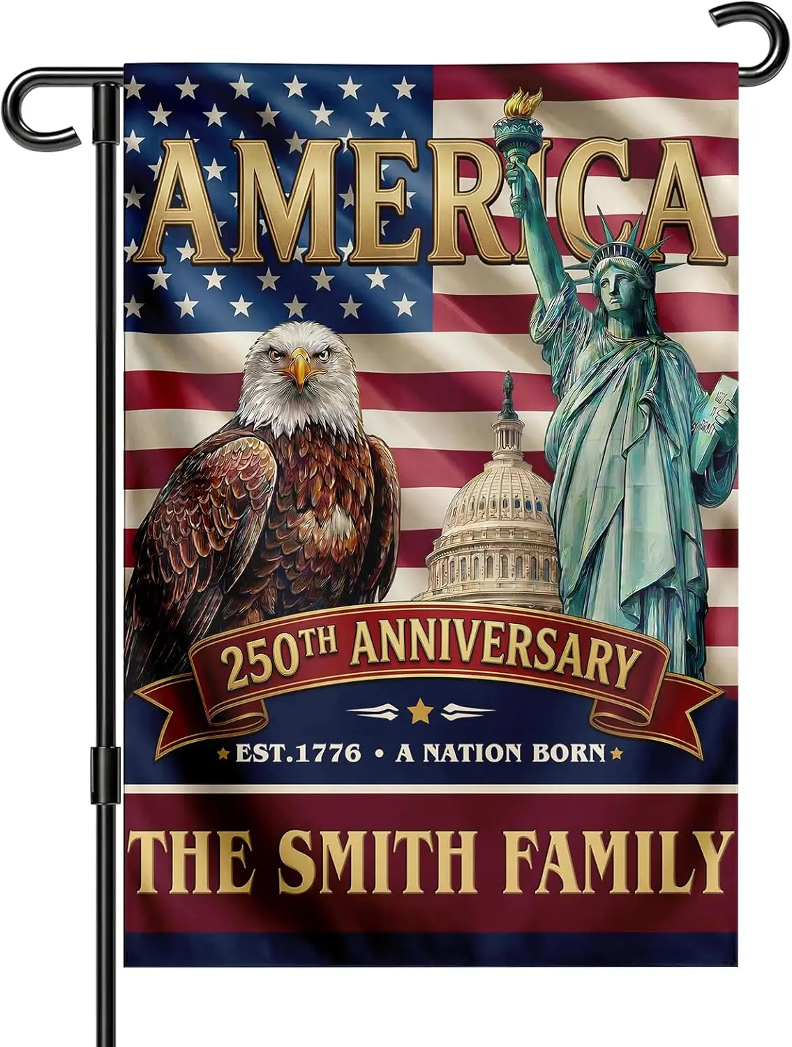 Custom 250 Anniversary USA Garden Flag with Family Name, American Patriotic Eagle & Statue of Liberty Banner for Outside AAM