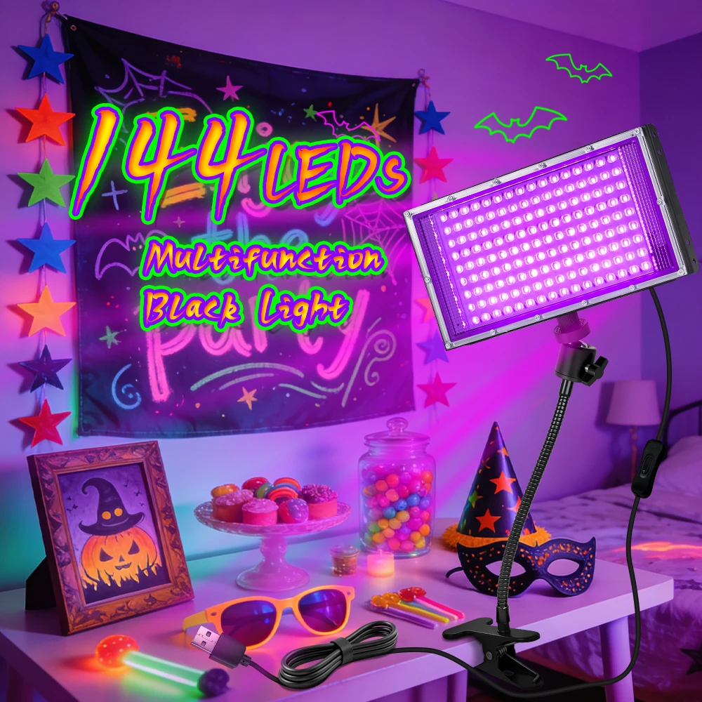 144 LED UV Purple Light Clip Lamp with 360° Rotating Universal Head, USB Clamp LED Light Flexible Gooseneck Desk Lamp