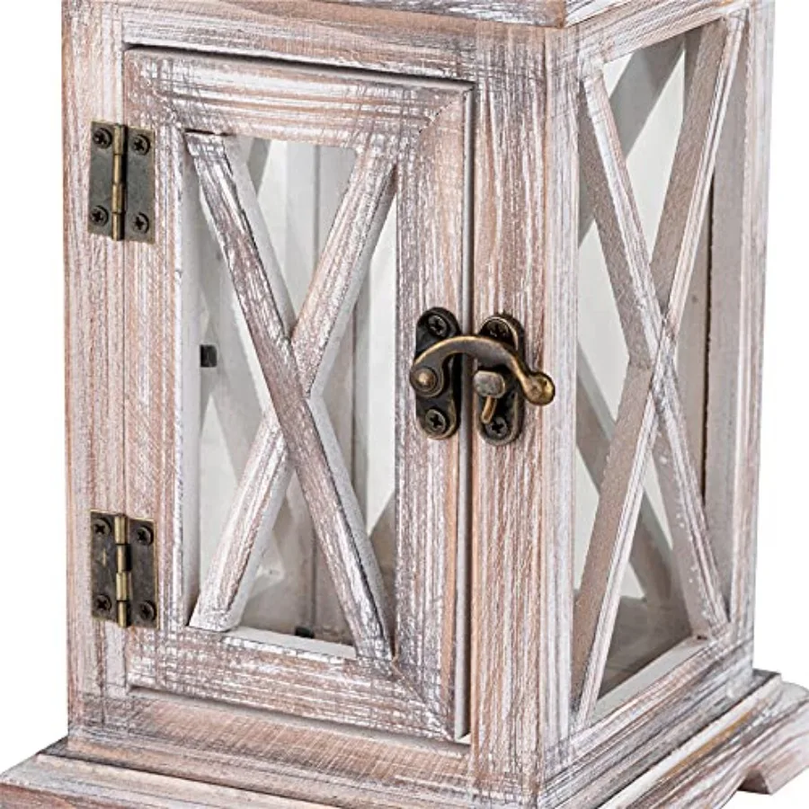 Farmhouse decor: wooden lanterns in natural wood tone, 19in and 11in tall, set of 2 for rustic indoor or outdoor lighting view 6