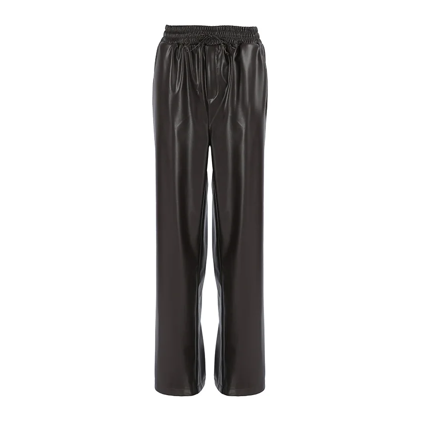 2025 Autumn Winter Fashion Gray Fleece-Lined Matte Leather Pants Vintage High-Waisted Women's Casual Trousers