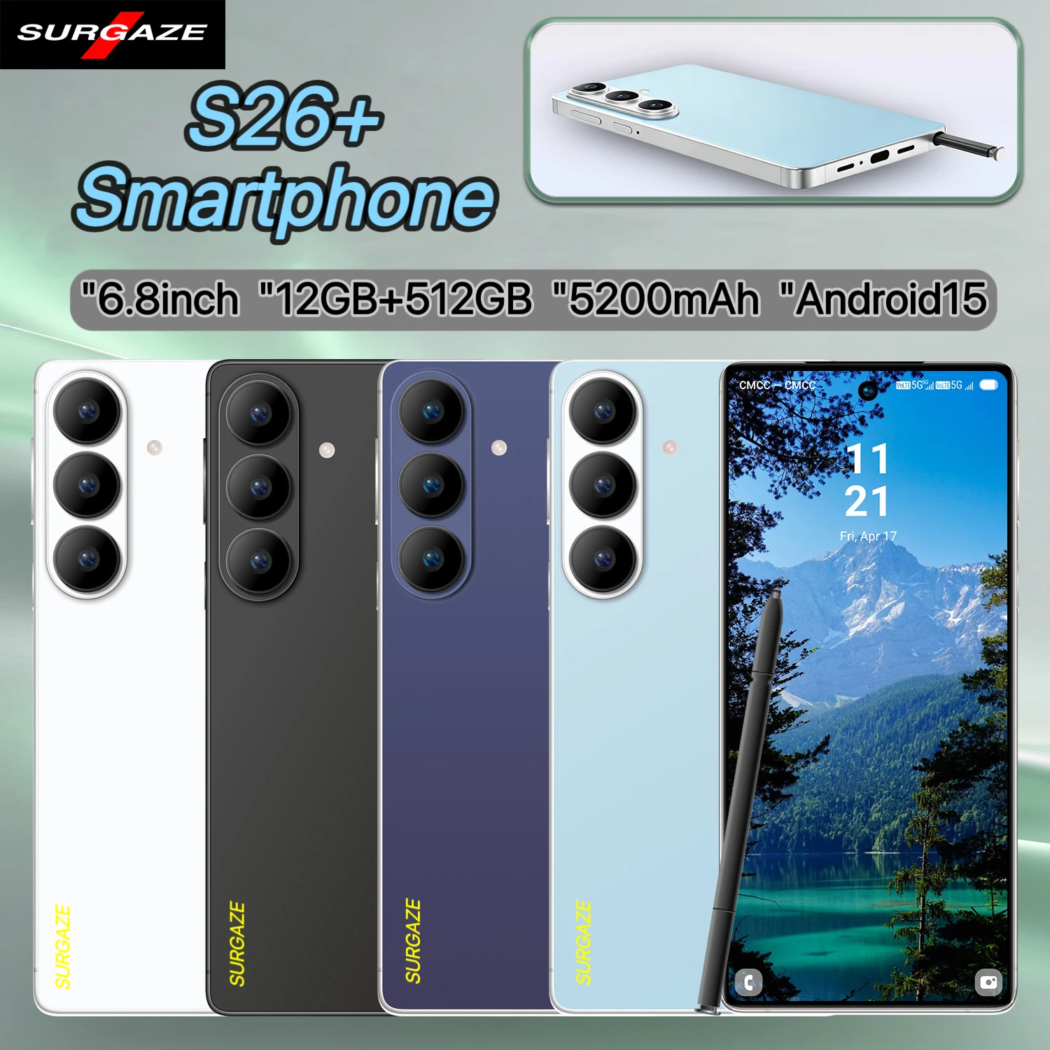 هاتف SURGAZE الجديد عالي الأداء S26+ بنظام أندرويد 15، بطارية 5200 مللي أمبير، ذاكرة 12 جيجابايت + 512 جيجابايت، شاشة 6.8 بوصة، يدعم 5G، ثنائي الشريحة، إصدار عالمي.