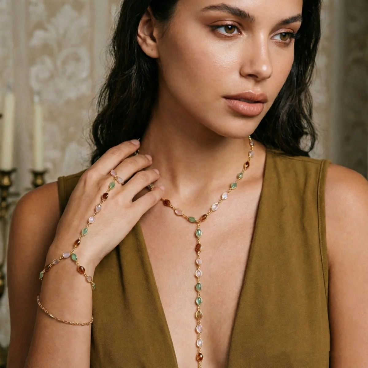 Buntes ovales Harz-Splice-Y-Drop-Halsketten- und Fingerarmband-Set für Frauen, eleganter Vintage-Geometrischer Langer Quasten-Choker-Schmuck – Detail 20