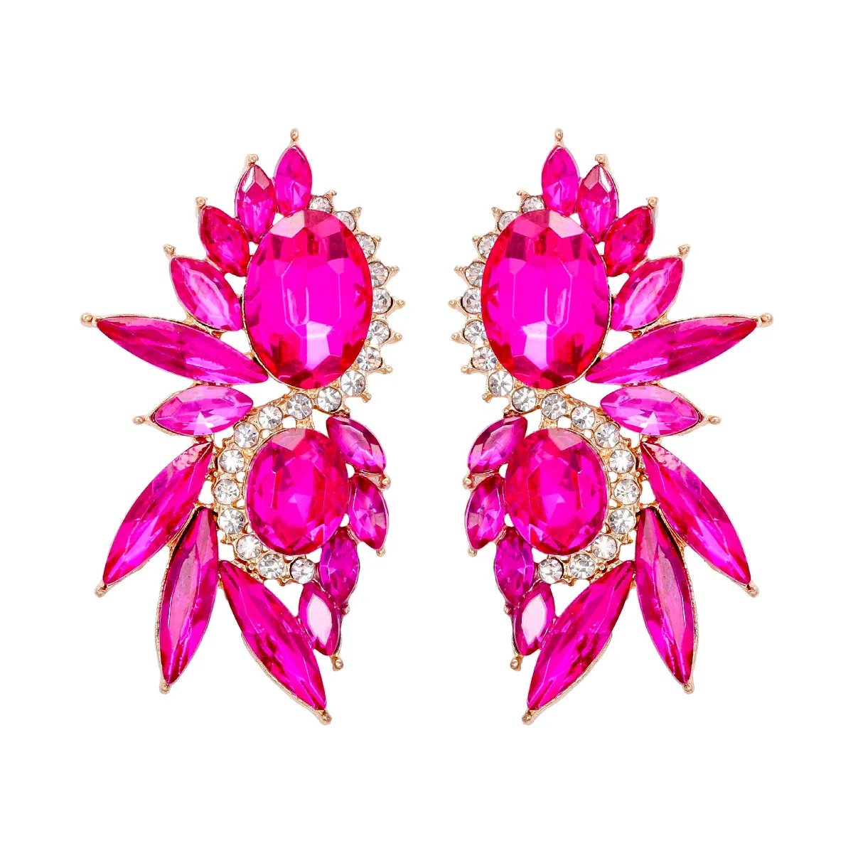 Multi Colors Fuchsia Crystals Stud Earrings For Women Luxury Party Large Earrings