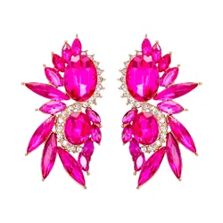 Multi Colors Fuchsia Crystals Stud Earrings For Women Luxury Party Large Earrings