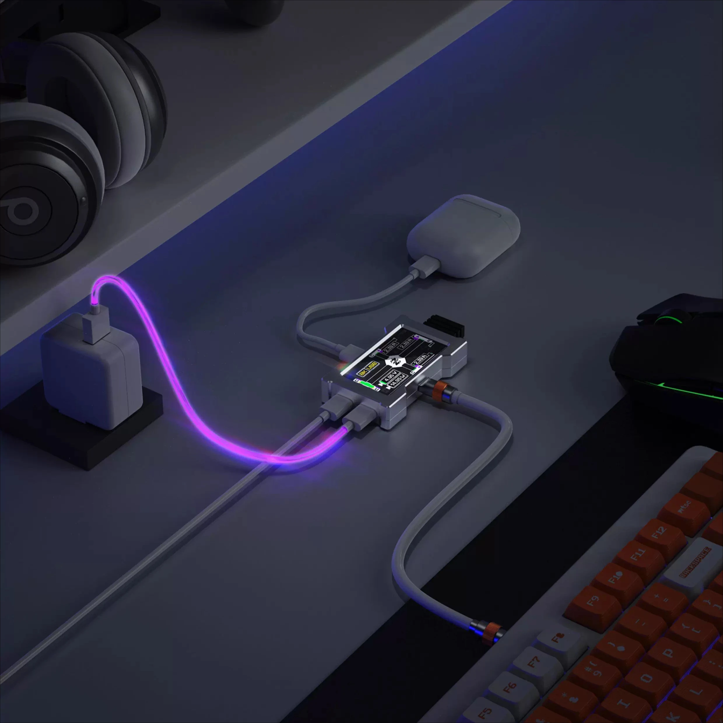 HMLAB ZNEO Gaming USB Hub 2-to-3 Port with Screen 8KHz Polling Rate Independent Power Trendy for Game Ambience Desk Integration