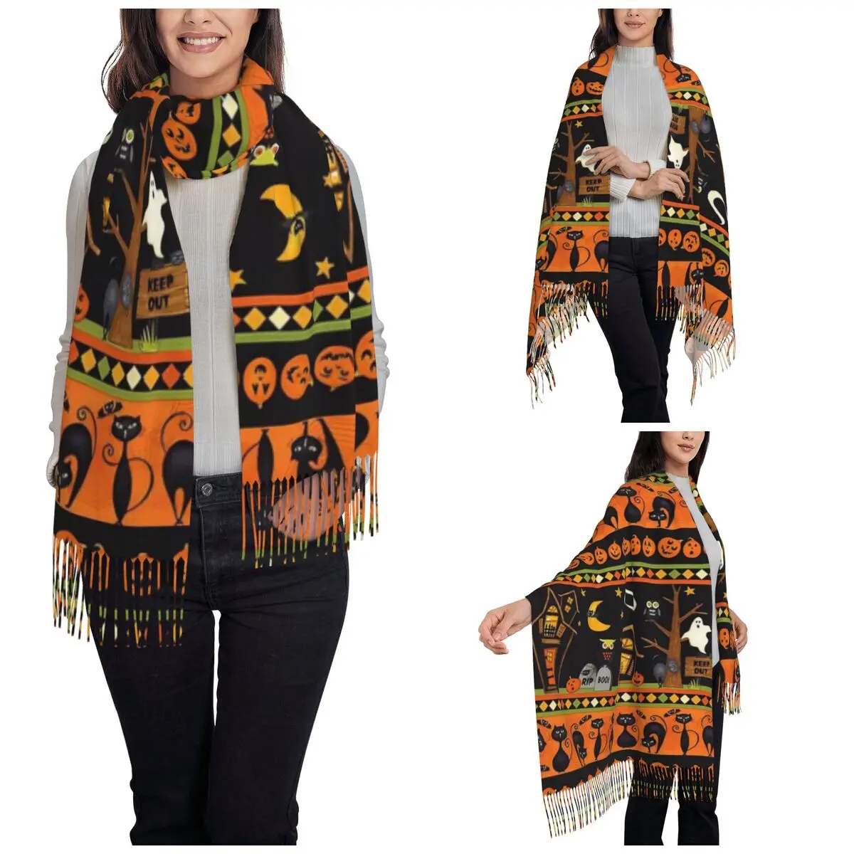 Halloween Shawl Wrap Womens Winter Warm Single-sided Pattern Scarf Gothic Bats Ghosts Witch Pashmina Shawl Scarves