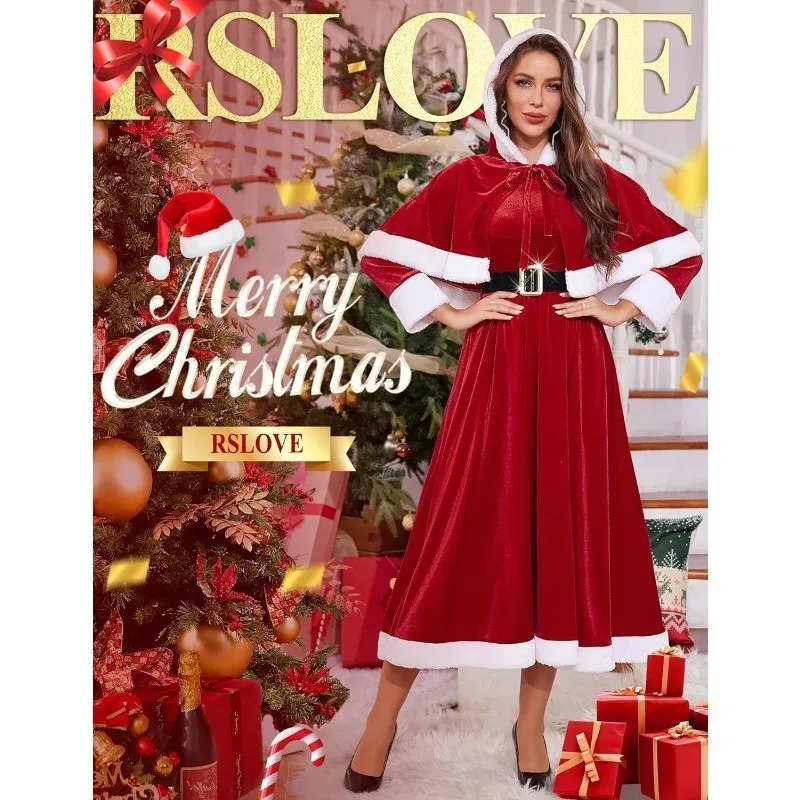 Weihnachtsthema Damen Maxikleid mit Kapuze, Festliches Party-Performance-Kostüm, Rot-Weißer Gürtel, Cosplay, Weihnachtsfeier, Erwachsenen-Abendkleid – Detail 3