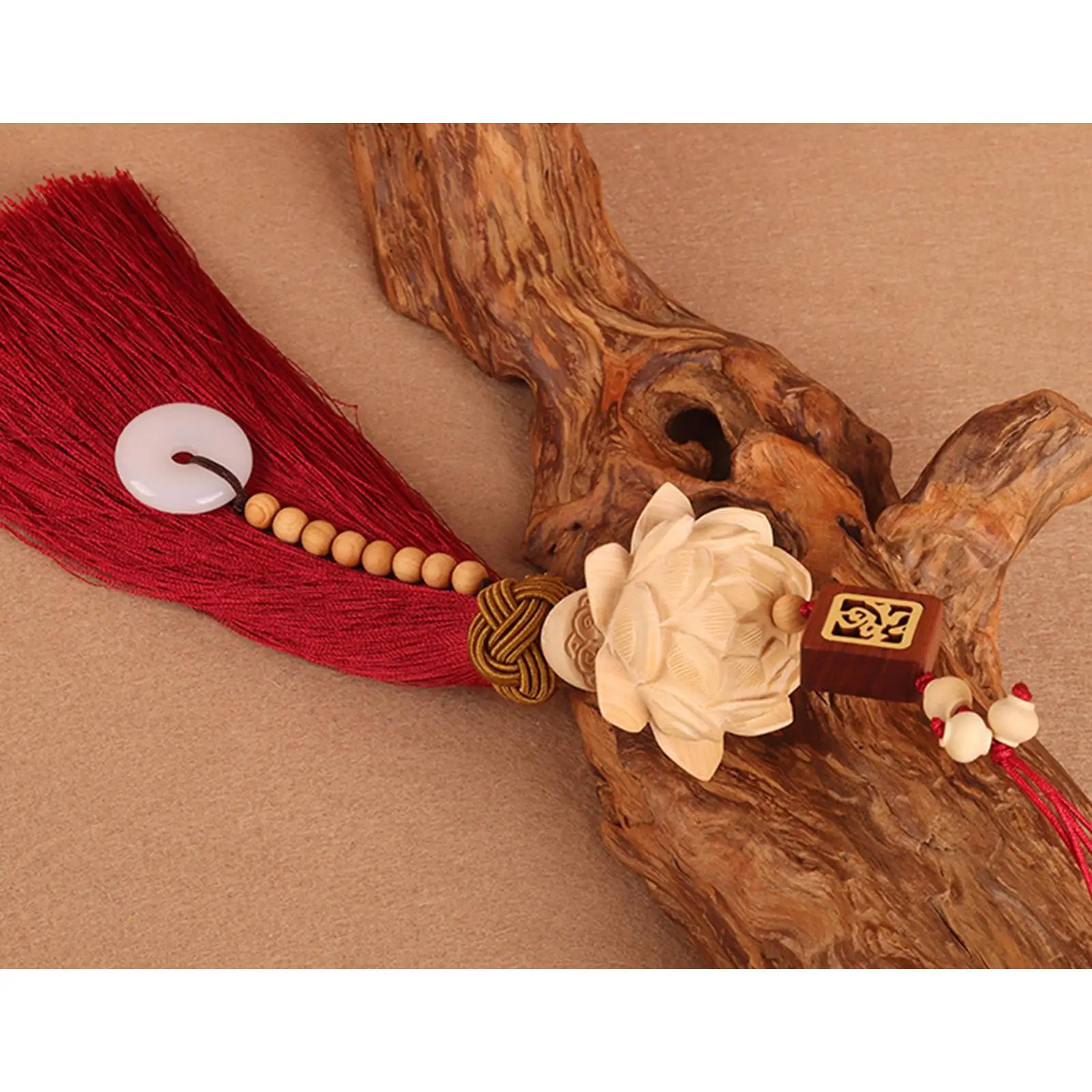 Wood Carved Lotus Car Rearview Mirror Pendant Chinese Feng Shui Tassel Dangle Decor for Auto and Living Room