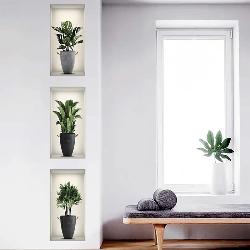 3 Sheets Green Plant Potted Plant Wall Sticker 3D False Window Wall Sticker Vinyl Living Room Background Decoration Wall Decal