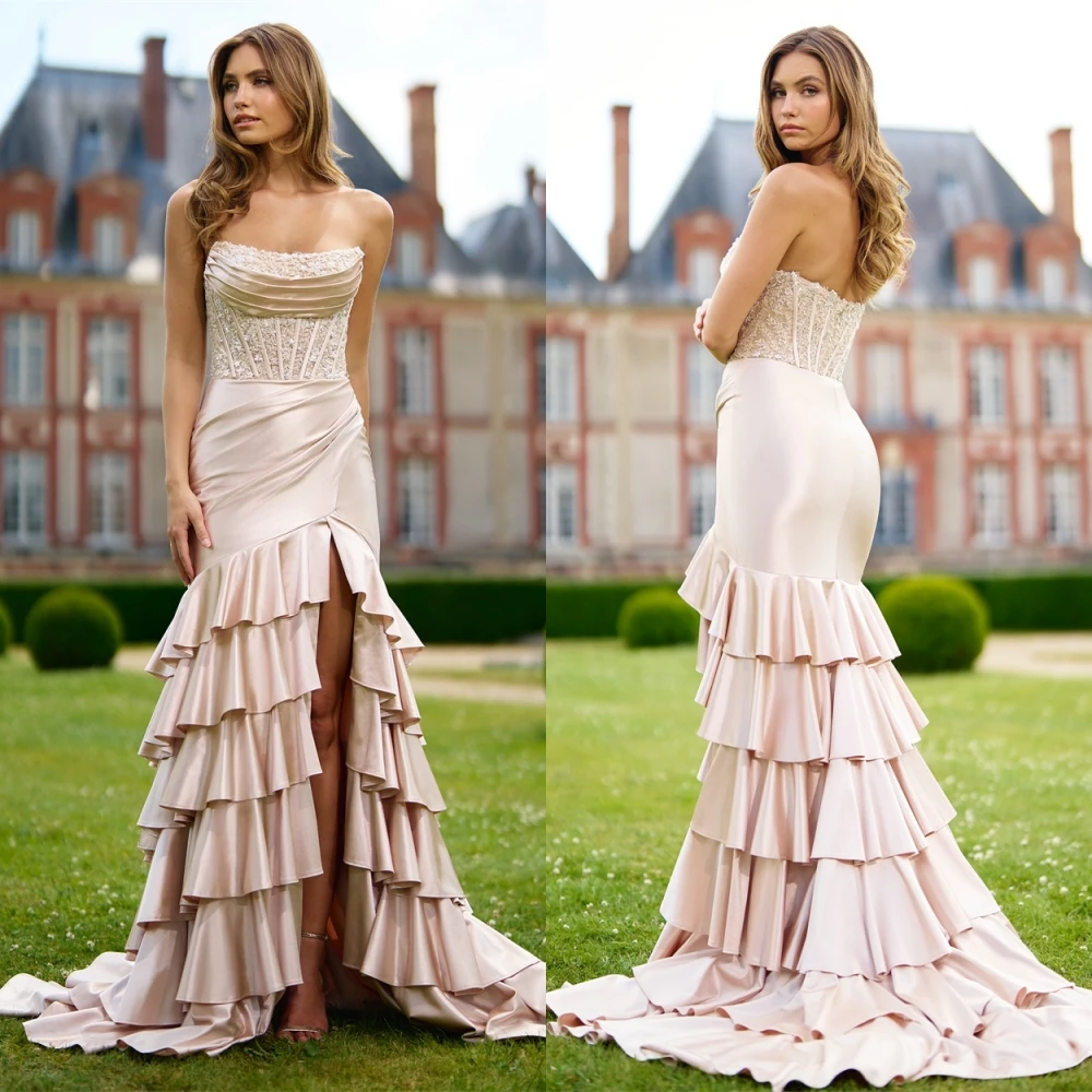 Dostosowana klasyczna różowa satynowa suknia wieczorowa syrenka bez ramiączek bez rękawów suknie gwiazd moda specjalne okazje Go