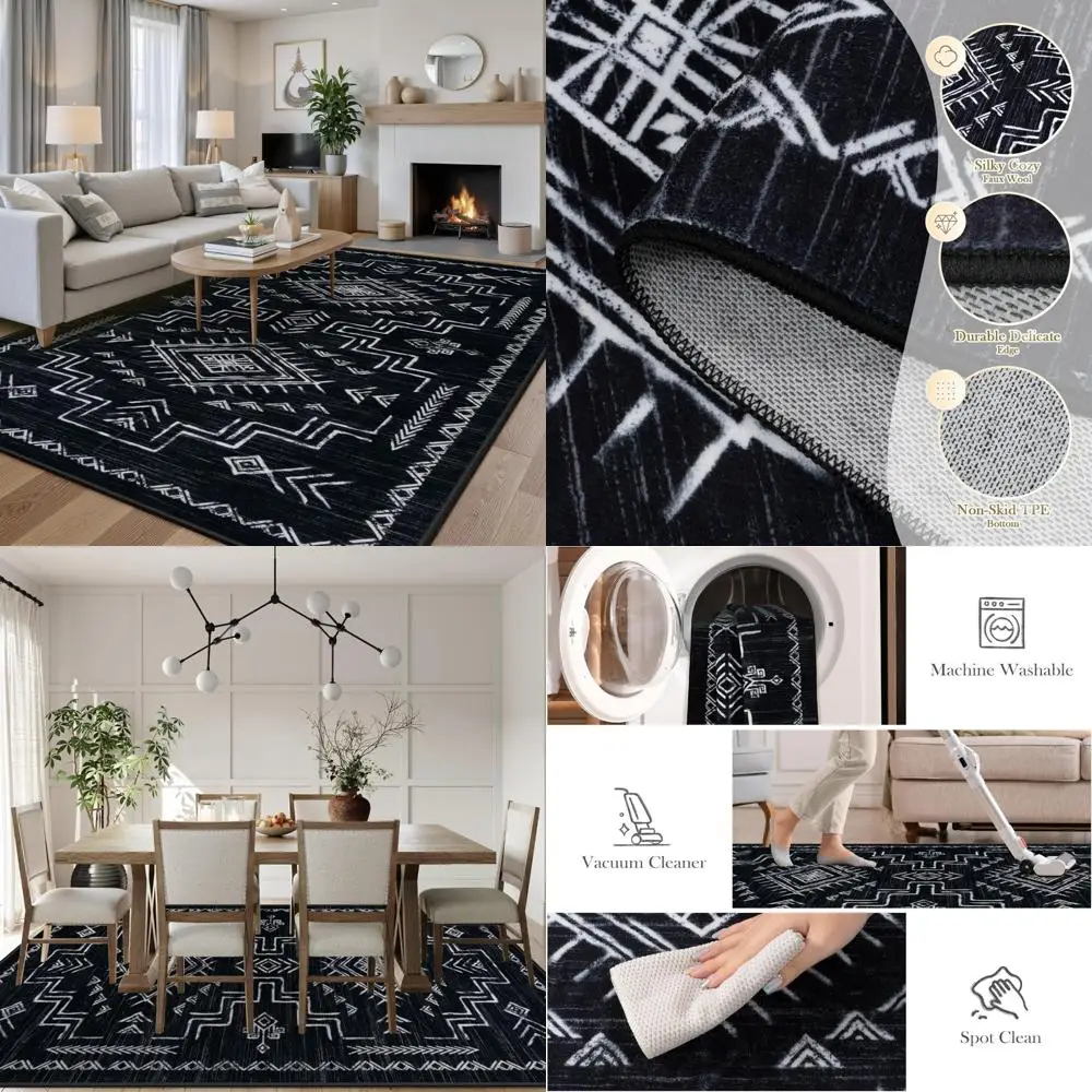 

Washable 8x10 Black and White Living Room Rug, Western Aztec Tribal Moroccan Style, Neutral Rug for Boys Bedroom