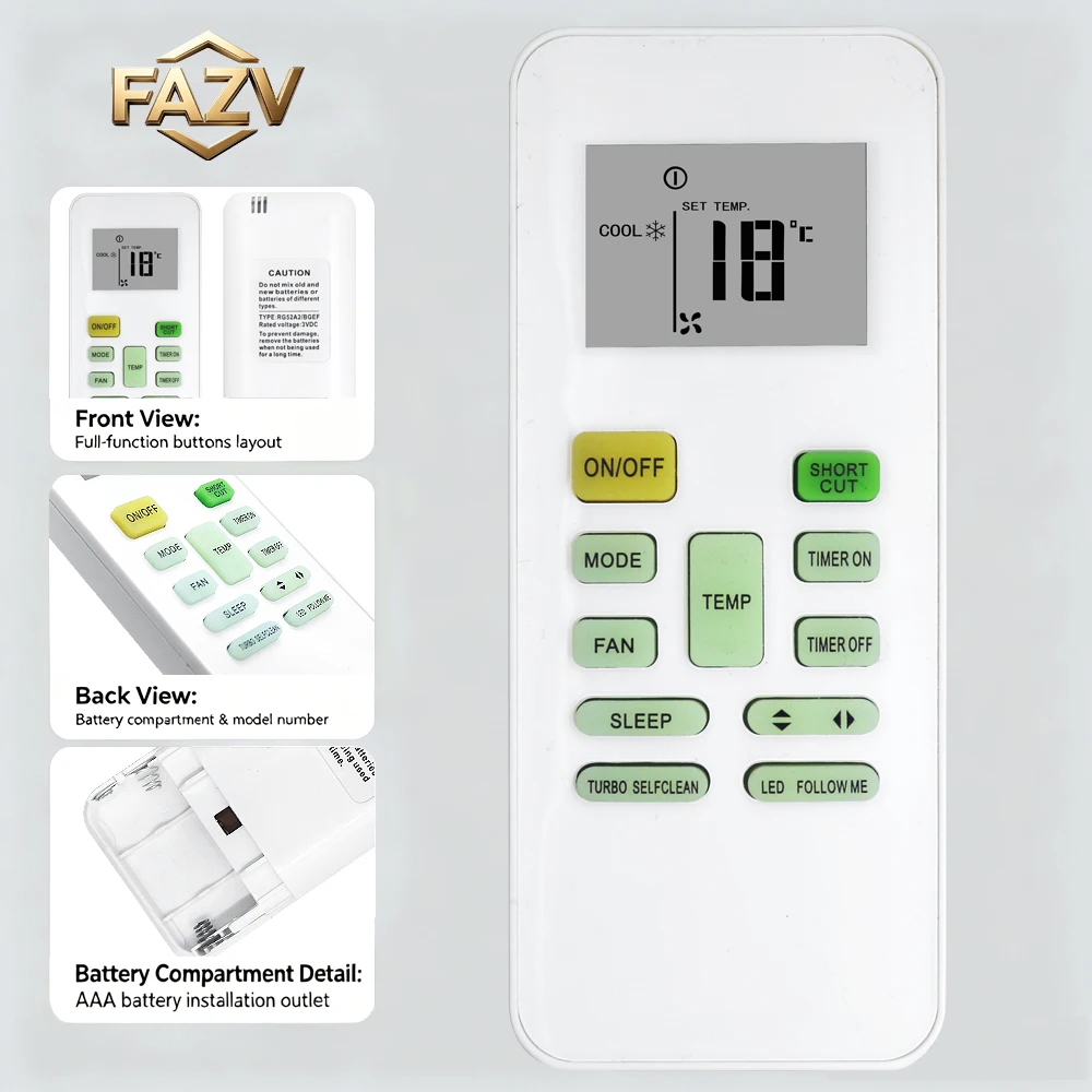 FAZV RG52A2/BGEF AC Remote for Midea/Vivax/Direct/Mirage RG52A2/BGCEF RG52A3/BGEF RG52A3/BGCEF RG52A8/BGEF RG52A9/BGEF RG52E2/BG