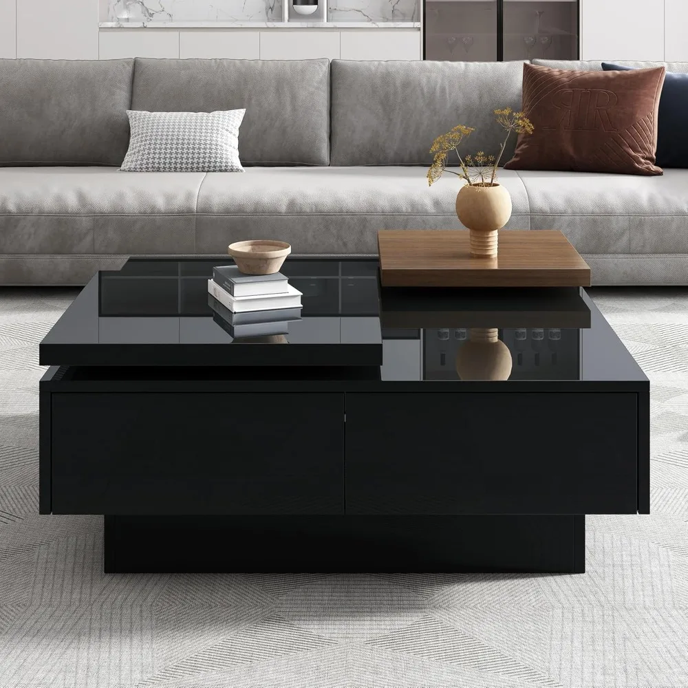 

Movable Top Coffee Table, High Gloss Adjustable Center Table w/4 Hidden Drawers