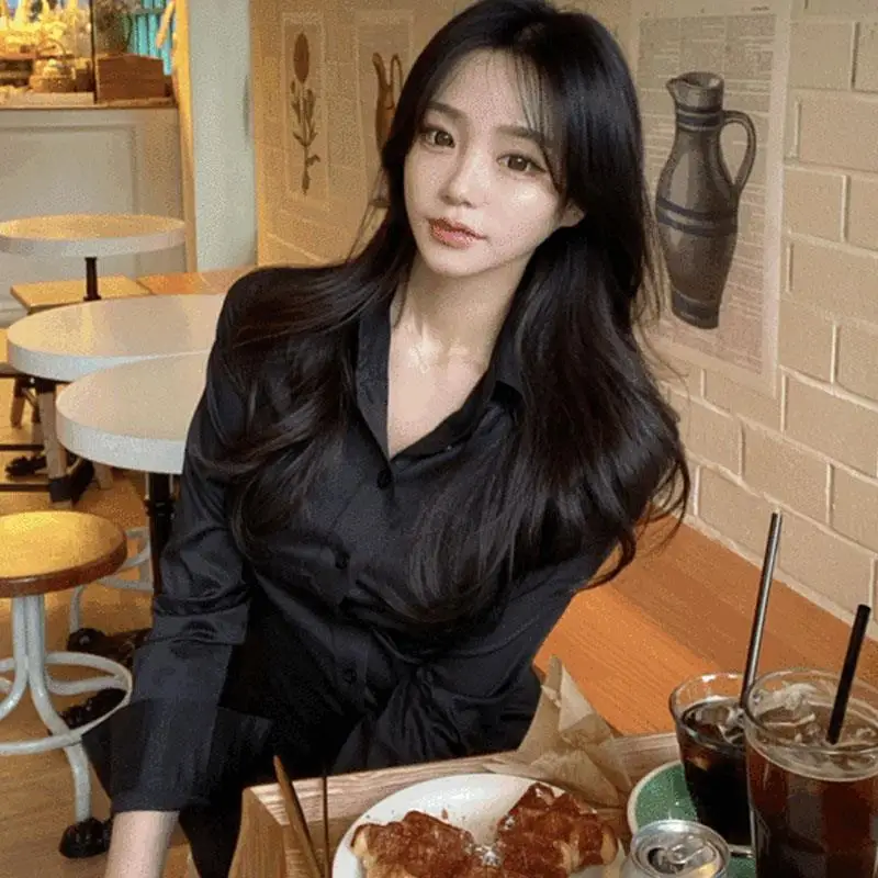

Sexy Glossy Slim Fit Long Sleeve Shirt QK138 by 51STUDIO Highlighting Body Shape Ladylike Commute Style Pure Color Button Detail